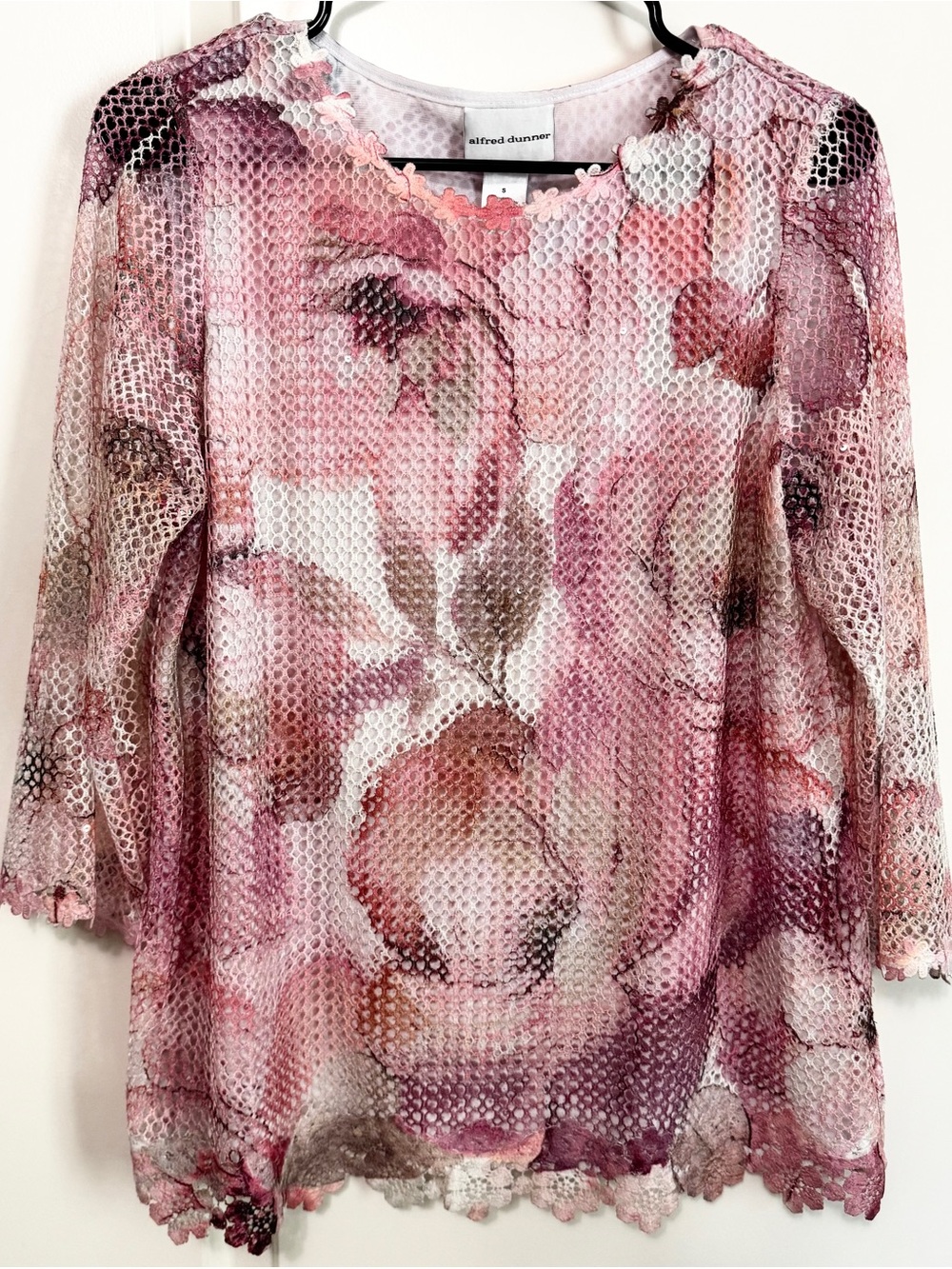 Alfred Dunner Floral Lace Mesh Sequin Blouse Pink Mauve Size S - Picture 3 of 11